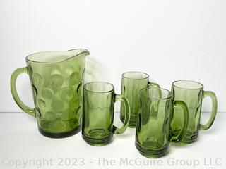 Hazel Atlas Eldorado 56 Oz. Glass Pitcher Avocado Green with Four (4) Mugs