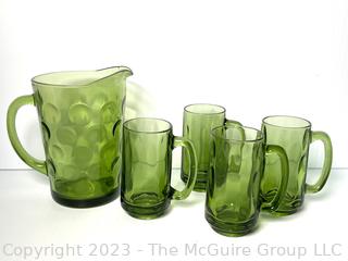 Hazel Atlas Eldorado 56 Oz. Glass Pitcher Avocado Green with Four (4) Mugs