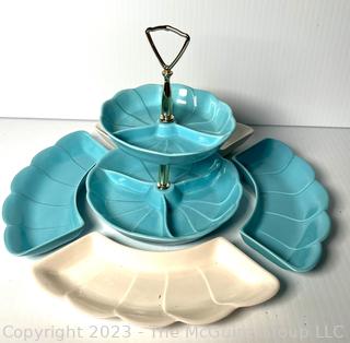 California Pottery Turquoise Chip Dip Relish with Tid Bit Tray