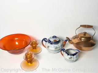 Orange Glass Bowl and Candle Sticks, Copper Tea Pot and Japanese Porcelain Teapot