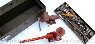 Group of Tools including 3 1/2" Fuller Bench Vise, Hydraulic Jack and Metal Tool Box with Contents 