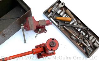 Group of Tools including 3 1/2" Fuller Bench Vise, Hydraulic Jack and Metal Tool Box with Contents 