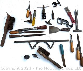 Group of Tools including Metal Brushes, Metal Files, Nail Puller, Gear Puller and Scrapers