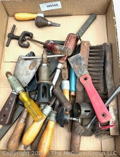 Group of Tools including Metal Brushes, Metal Files, Nail Puller, Gear Puller and Scrapers