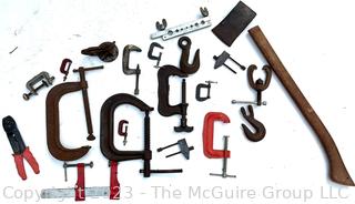 Group of "C" Clamps, Bar Clamps, Wire Crimpers and Chain Hooks  