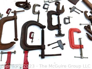 Group of "C" Clamps, Bar Clamps, Wire Crimpers and Chain Hooks  