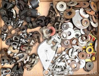 Grouping of Machinists and Woodworkers Tools including Assortment of Washers and Lock Washers, Cable Clamp Downs and Line Chaulk