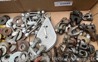 Grouping of Machinists and Woodworkers Tools including Assortment of Washers and Lock Washers, Cable Clamp Downs and Line Chaulk