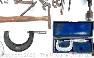 Group of Tools including Calipers, Wrenches, Mitre Saw, Hand Drill and Ball Peen Hammer