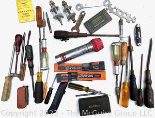 Group of Tools including Screwdrivers, Nicholson Metal Files and Jack Knife 