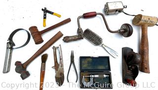 Grouping of Machinists and Woodworkers Tools including Rawhide Hammer, Calipers, Handbrace and Plane