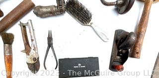 Grouping of Machinists and Woodworkers Tools including Rawhide Hammer, Calipers, Handbrace and Plane