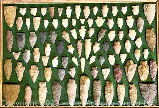 Collection of Flint Arrowheads Mounted on Felt Back Frame.  20" x 14".