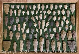 Collection of Flint Arrowheads Mounted on Felt Back Frame.  20" x 14".