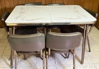 Mid-Century Modern Formica Table and Leaf with Chrome Edge and Six (6) Upholstered Chairs with Chrome Frame Dinette Set 