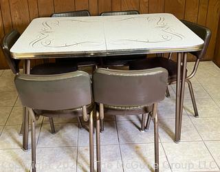 Mid-Century Modern Formica Table and Leaf with Chrome Edge and Six (6) Upholstered Chairs with Chrome Frame Dinette Set 