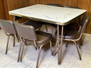 Mid-Century Modern Formica Table and Leaf with Chrome Edge and Six (6) Upholstered Chairs with Chrome Frame Dinette Set 