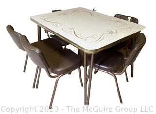 Mid-Century Modern Formica Table and Leaf with Chrome Edge and Six (6) Upholstered Chairs with Chrome Frame Dinette Set 