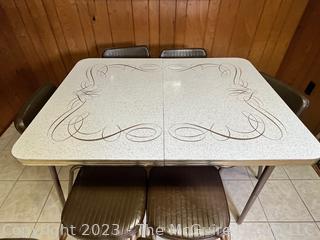 Mid-Century Modern Formica Table and Leaf with Chrome Edge and Six (6) Upholstered Chairs with Chrome Frame Dinette Set 