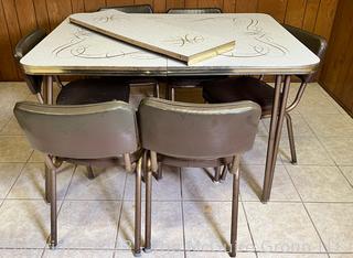 Mid-Century Modern Formica Table and Leaf with Chrome Edge and Six (6) Upholstered Chairs with Chrome Frame Dinette Set 