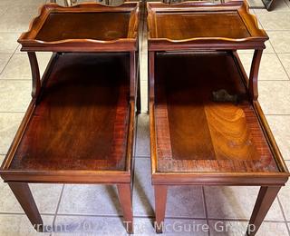 Pair of Tier Step-Up Flame Mahogany Side Tables.  One with damage to finish 