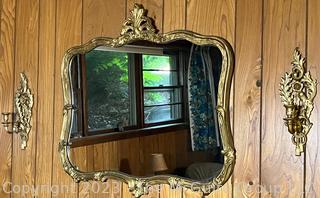 Gilt Resin Framed Mirror and Wall Sconce Set. 30.5 x 28"