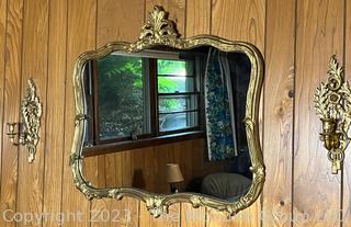 Gilt Resin Framed Mirror and Wall Sconce Set. 30.5 x 28"