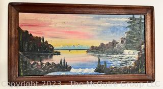 Oil on Board Sunset on the Lake Landscape by "Jensen the Painter".  15" x 26".