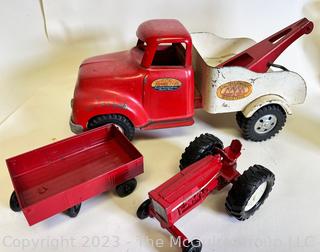 1954 Tonka Wrecker Tow Truck and Die Cast Metal International Harvester Tractor and Trailer Toys