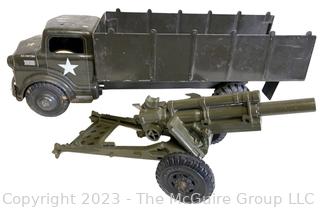 1950s Metal Marx Lamar US Air Force Troop Transport Truck & Howitzer Plastic Canon Toys