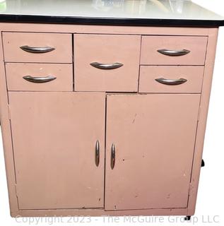 Vintage Pink Metal Cabinet With 5 Drawers and 2 Doors