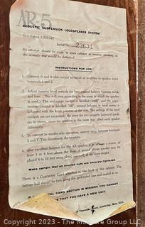 Acoustic Research AR-5 Suspension Loudspeaker System. Top of one cabinet has burn ring as shown in photos.  13.5W x 11.5D x 24H"