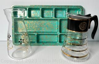 David Douglas Flameware Gold Glass Carafes and Green Glitter Tray 