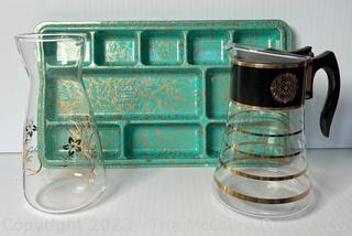 David Douglas Flameware Gold Glass Carafes and Green Glitter Tray 