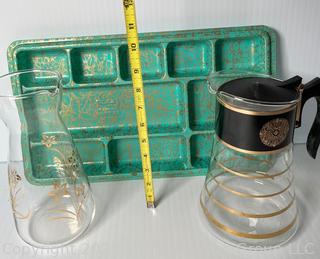 David Douglas Flameware Gold Glass Carafes and Green Glitter Tray 