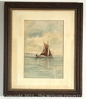 1894 Framed Under Glass Watercolor of Seascape with Boat Signed by Artist. Measures 19 1/2 x 23 1/2"