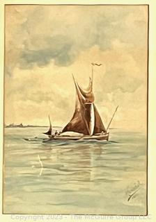 1894 Framed Under Glass Watercolor of Seascape with Boat Signed by Artist. Measures 19 1/2 x 23 1/2"