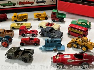 Collection of Vintage Die Cast Toy Cars and Trucks in Carrying Case 