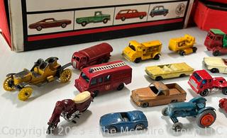 Collection of Vintage Die Cast Toy Cars and Trucks in Carrying Case 