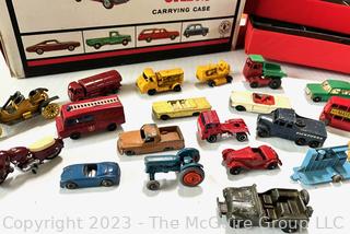 Collection of Vintage Die Cast Toy Cars and Trucks in Carrying Case 