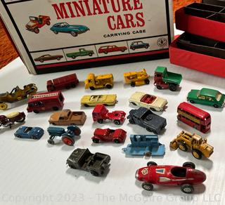 Collection of Vintage Die Cast Toy Cars and Trucks in Carrying Case 