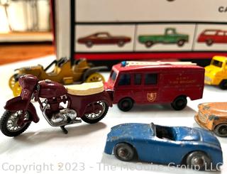 Collection of Vintage Die Cast Toy Cars and Trucks in Carrying Case 