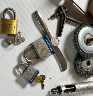 Grouping of Tools including Multiple Caliper Sets, Padlocks with Keys, Wire Wheels and Angle Brace 