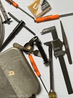 Grouping of Tools including Multiple Caliper Sets, Padlocks with Keys, Wire Wheels and Angle Brace 