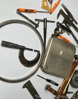 Grouping of Tools including Multiple Caliper Sets, Padlocks with Keys, Wire Wheels and Angle Brace 