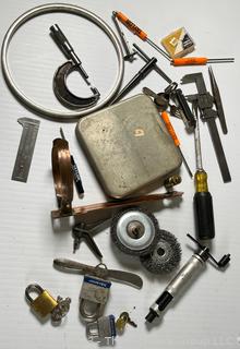 Grouping of Tools including Multiple Caliper Sets, Padlocks with Keys, Wire Wheels and Angle Brace 