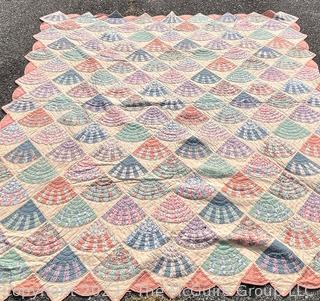 Hand Stitched Flour Sack Quilt in Fan Pattern. 86" x 84".