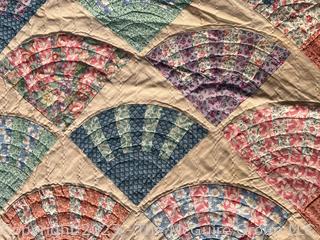 Hand Stitched Flour Sack Quilt in Fan Pattern. 86" x 84".