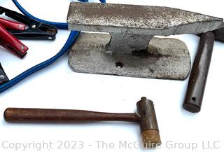 Group of Tools including Jumper Cables, Hammers and I Beam Anvil