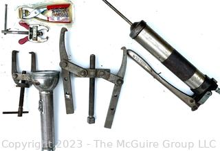 Group of Tools including Gear Pullers, Grease Gun, Flash Light and Rivet Tool